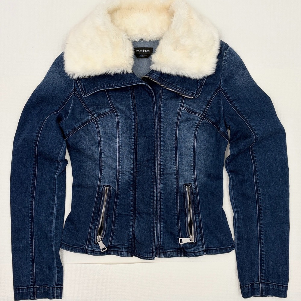 bebe Denim Jacket Faux Fur Collar Moto Dark Wash Small Blue biker y2k chic glam